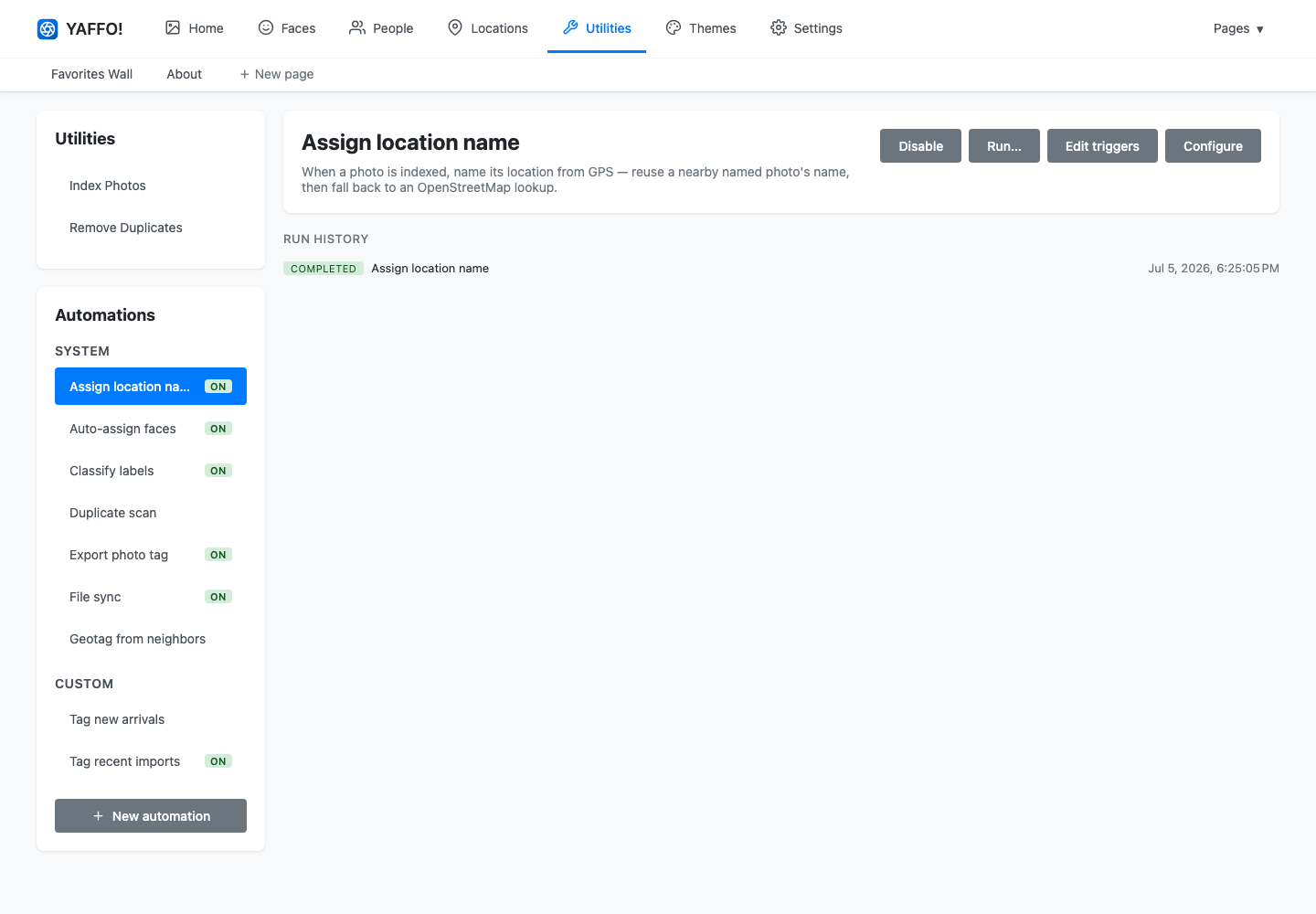 The Automations page with the system and custom list, and a selected automation's details and run history