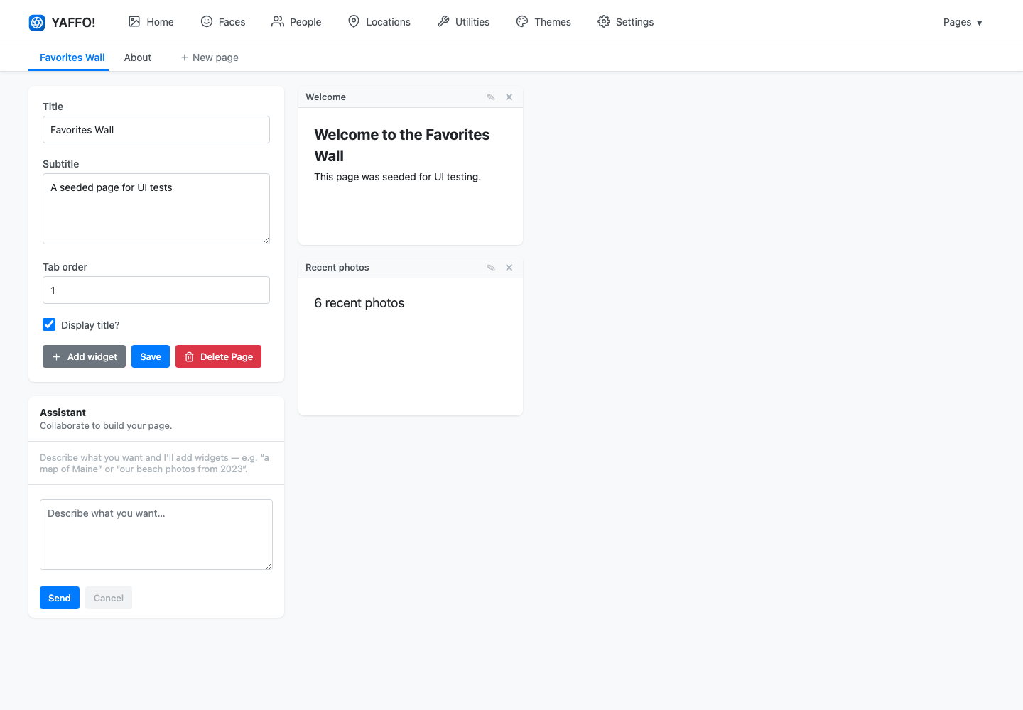 The page design view with title fields, the Add widget button, and the assistant panel