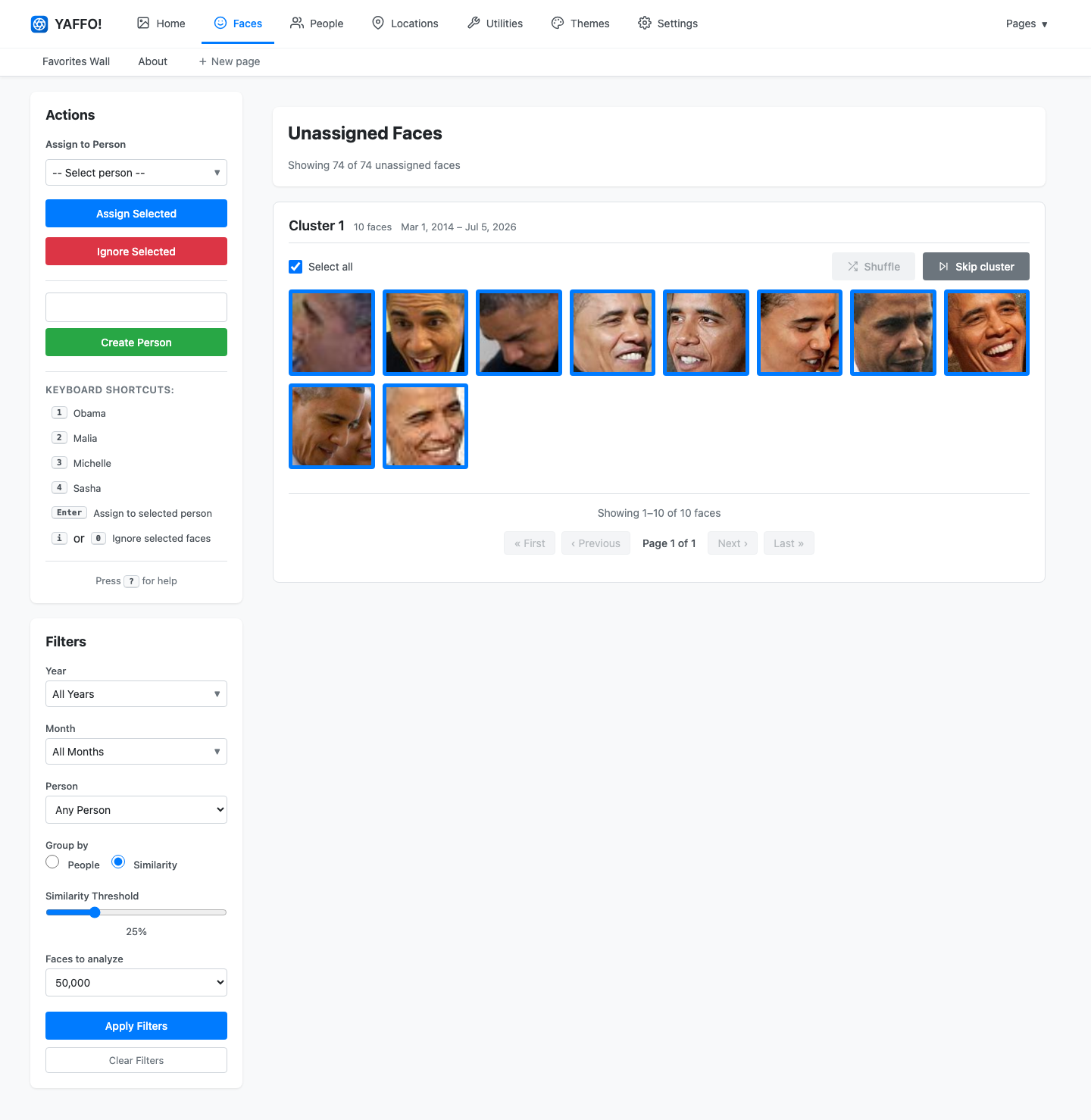 The Faces page: cluster of unassigned faces with the actions and filters sidebar