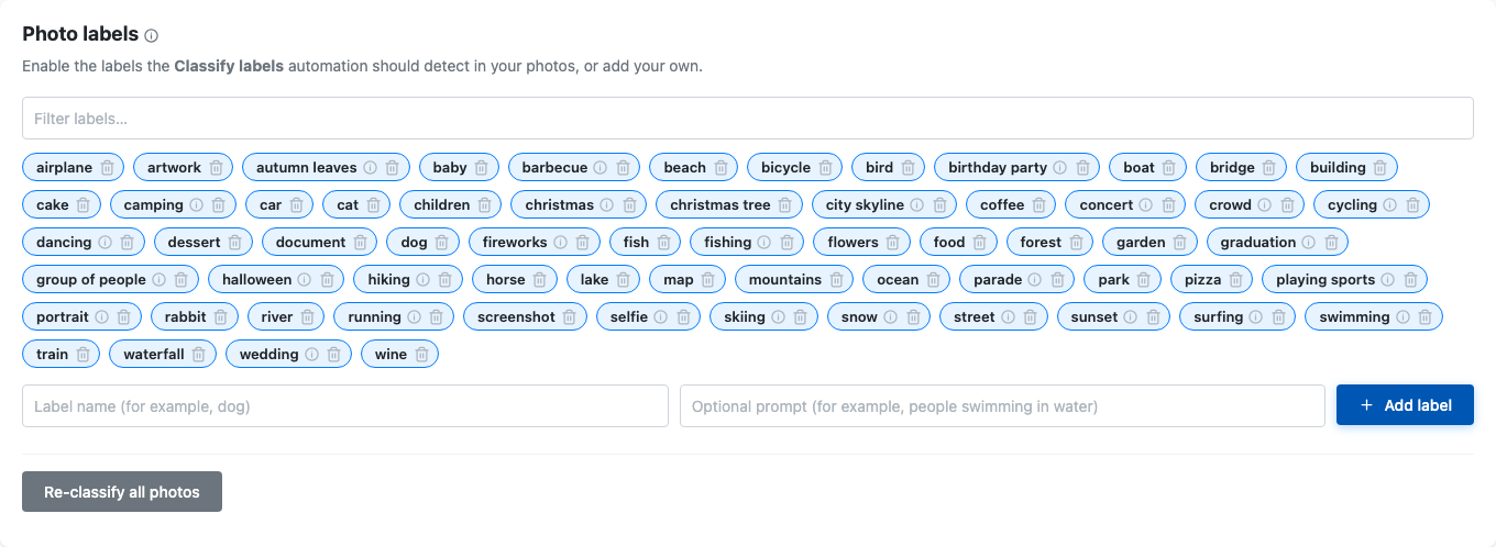 Photo labels settings