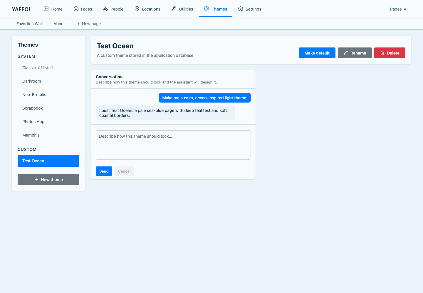 The theme editor with the design conversation and Make default, Rename, and Delete actions