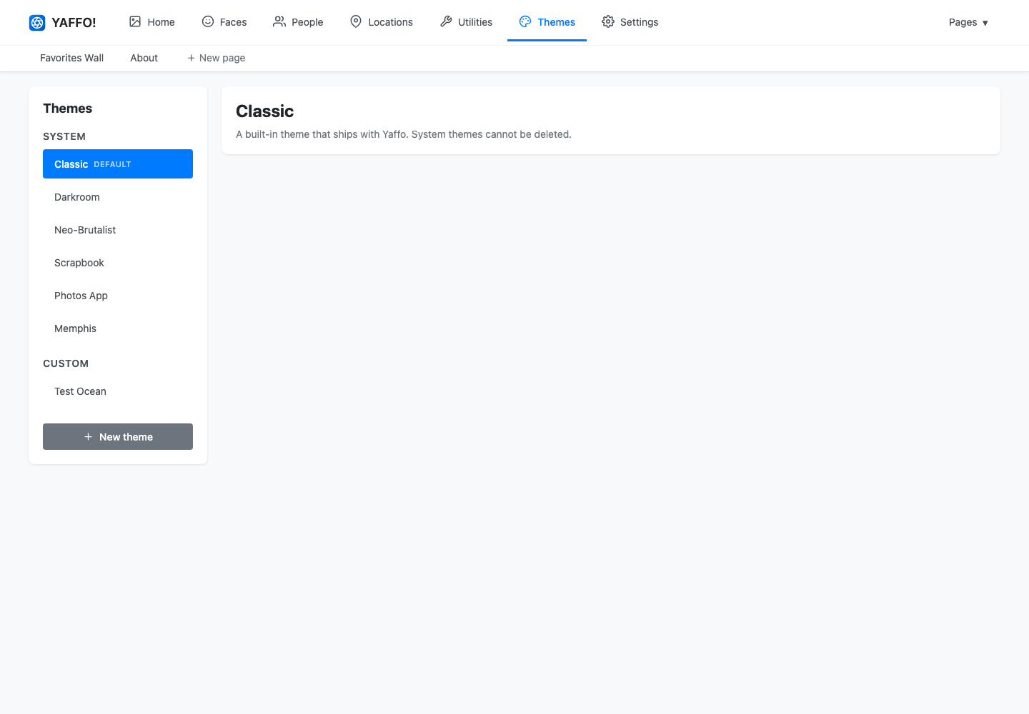 The Themes page listing system and custom themes